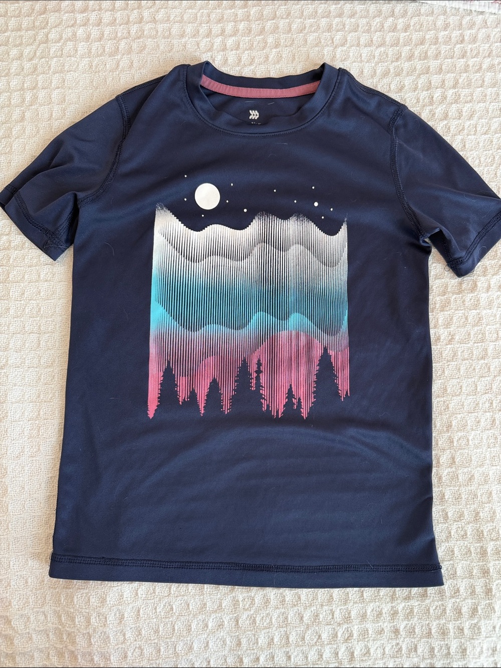 all in motion Navy Tee with Pink & Teal Mountain Graphic